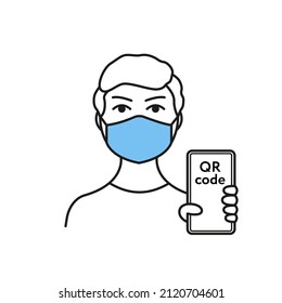 Man in face mask. Art lined icon. Virus prevention. Protection from virus. Social distance concept. Man are showing smartphone with QR code. Vector illustration. 