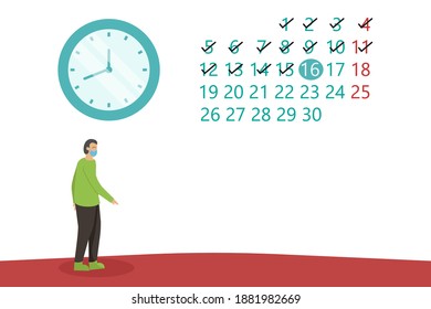 Man in face mask with clock and marked dates on the calendar