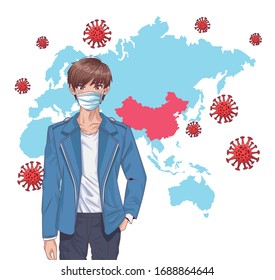 man with face mask and covid19 particles in old continent map vector illustration design