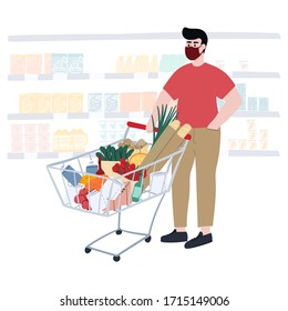 Man in a face mask does food resupply. Shopping in a grocery store during coronavirus pandemic. Hand drawn cartoon flat style concept illustration. 