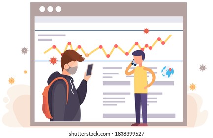 A man in face mask during the quarantine talking on the phone with a friend on poster with graph background with text and images of viruses. Preventing the spread of a disease. Quarantine conditions