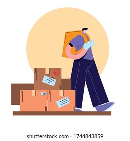 man with face mask, gloves and shipping packagesvector illustration desing