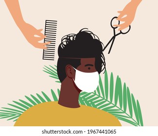 A man in a face mask, hair cutting. Flat vector stock illustration. Afro person in the barbershop at the hairdresser. Lockdown or quarantine service. Hair care. Medical mask for safety