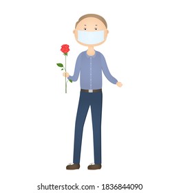 Man in face mask hold rose. Cartoon. Vector illustration.