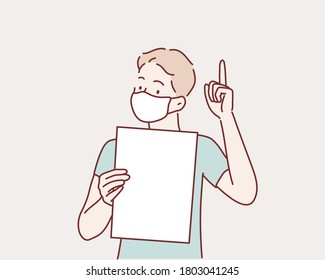 Man in face mask holding the blank paper. Hand drawn style vector design illustrations.