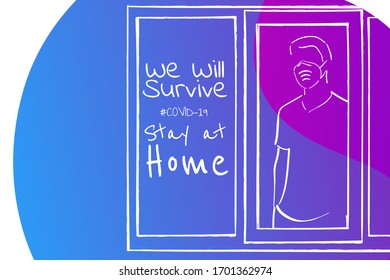 Man in face mask at home.  Self quarantine and and social distancing concept. Stay home. COVID-19 coronavirus. Template for background, banner, poster with text inscription. Vector EPS10 illustration