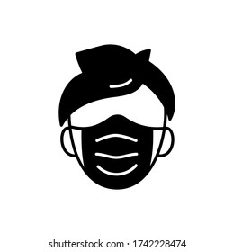 Man face with mask icon vector in trendy black flat style isolated on white background. illustration for medical banner, poster and web design. Coronavirus bacteria covid-19 concept.