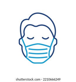 Man in Face Mask Line Color Icon. Medical Face Protection Mask Cover Mouth and Nose of Human. Wear Respirator against Virus, Air Pollution, Dust and Allergy. Editable stroke. Vector illustration.