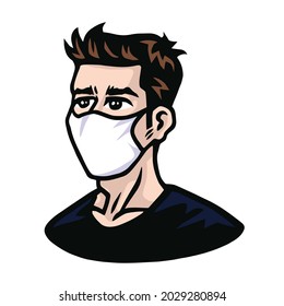 Man in Face Mask Line Drawing Icon Vector Disease Prevention. Protection Coronavirus, Air pollution, Covid-19