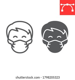 Man in face mask line and glyph icon, coronavirus and covid-19, wearing mask sign vector graphics, editable stroke linear icon, eps 10