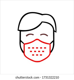 Icono de línea de máscara de rostro de hombre, pictograma vectorial de prevención de enfermedades. Desgaste de protección contra el coronavirus, contaminación del aire, polvo, ilustración de la gripe, cartel para el almacén de equipos médicos.