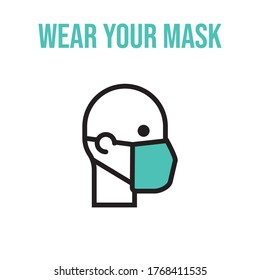Man in face mask line icon, vector pictogram of pandemic virus prevention. Protection wear from coronavirus, air pollution, dust, flu illustration. Sign for medical equipment store. Wear your mask.