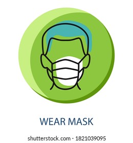 Hombre con máscara facial línea icono vector pictograma de prevención de enfermedades. Ropa de protección del coronavirus