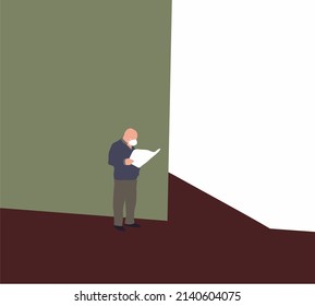 Man with face mask reading Newspaper on corner of street. Active Rest Concept. Vector illustration.