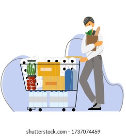 A man in face mask are shopping. Concept of food and supplies store up. vector illustration.