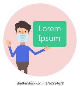 Man with face mask showing empty advertising placard in circle, vector