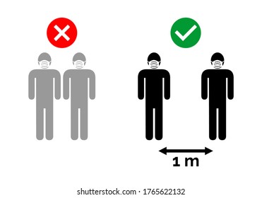 man with face mask standing 1 meter distance, social distancing illustration