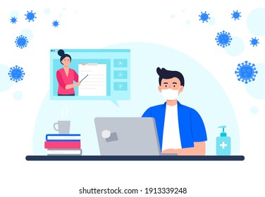 A Man With Face Mask Studies Online. Webinar, Conference, Course, Lecture, And Training. Online Education, E-learning, Studying At Home. Vector Flat Illustration.