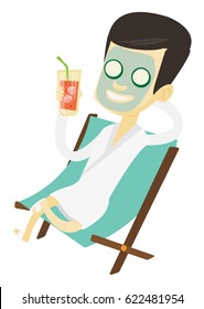 Man with face mask and towel on head lying in chaise lounge in beauty salon. Man relaxing in beauty salon. Man having beauty treatments. Vector flat design illustration isolated on white background.