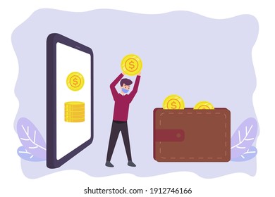 Man in face mask transferring money to e-wallet. Financial vector concept