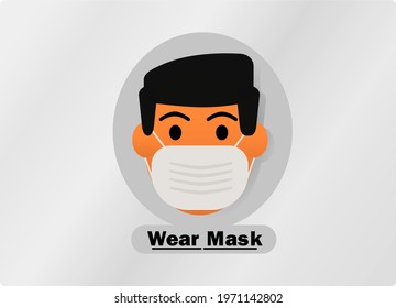 Man face with mask . Vector, flat illustration on a light background. Wear mask concept.