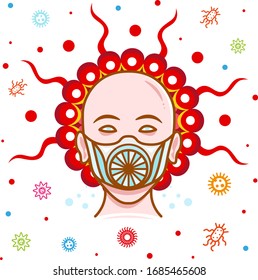 Man in face mask with viruses. Protection wear from coronavirus.