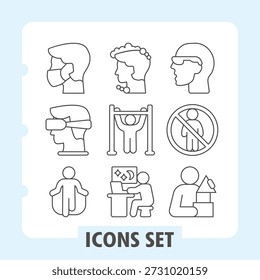 Man with face mask, VR guy, jumper simple icons set depicting identity, people, sports and daily activities items in outline style for apps and print on white background. Set of nine thin line icons