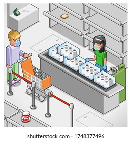 Man with face mask waiting at supermarket cashier to buy lots of toilet paper, empty shelves in background (isometric vector)