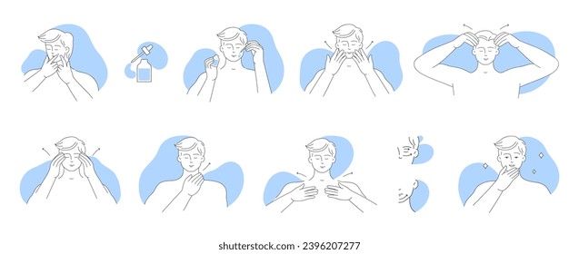 Man face massage, infographic icons set vector illustration. Cartoon male characters apply serum for moisturizing and massage skin along lines, step by step guide collection for skincare routine