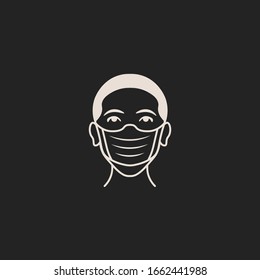 Man face with medical mask during virus epidemic on black background. Medical mask, protection from airborne disease, coronavirus. Vector illustration.