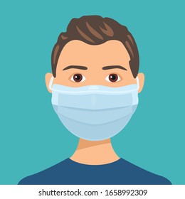 Man face in Medical protection blue mask. Vector illustration of health care people. Cartoon flat style. Protection against viruses, bacteria and flu.