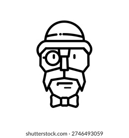 Man face with monocle and hat, line art vector icon