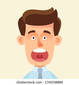 A man face with mouth wide open, portrait. Sore throat, scream and cry. Person yawns, sleepiness. Vector illustration 