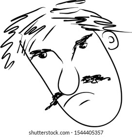 Man face with mustache caricature. Avatar icon. Black sketch illustration, modern, vector