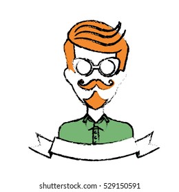 man face with mustache and glasses and decorative ribbon over white background. hispter style concept. colorful design. vector illustration