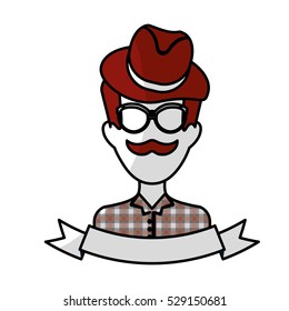 man face with mustache and glasses and decorative ribbon over white background. hispter style concept. colorful design. vector illustration
