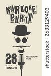 Man face with mustache, microphone in hat and glasses. Vector music banner or karaoke party poster in hipster style with funny cartoon inscription karaoke party. Flyer, invitation. No used ai