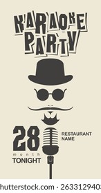 Man face with mustache, microphone in hat and glasses. Vector music banner or karaoke party poster in hipster style with funny cartoon inscription karaoke party. Flyer, invitation. No used ai