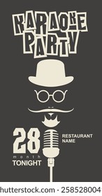 man face with a mustache and wearing a hat and glasses with a microphone and an inscription karaoke party in hipster style