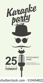 man face with a mustache and wearing a hat and glasses with a microphone and an inscription karaoke party in hipster style