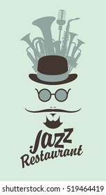 man face with a mustache and wearing a hat and glasses wind musical instruments and an inscription jazz restaurant in hipster style