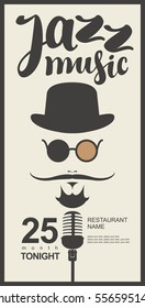 man face with a mustache and wearing a hat and glasses with a microphone and an inscription jazz music in hipster style