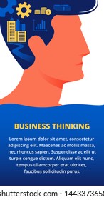 Man Face on White Background and Text. Business Thinking. Silhouette of Man with Dark Hair. Advertising Image. Vector Illustration. Blank for Business Cards. Design Training. Hair Combed Up.