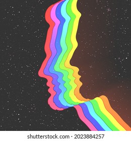 Man face outline. Abstract human silhouette in space. LGBT rainbow