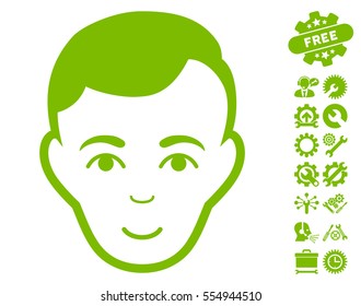 Man Face pictograph with bonus setup tools design elements. Vector illustration style is flat iconic eco green symbols on white background.