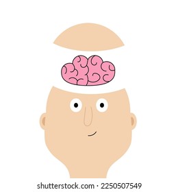 Man face portrait. Bald guy face. Human brain in head. Smiling happy emotion. Cute cartoon funny character. Successful businessman. Avatar for social network. Flat design. White background. Vector