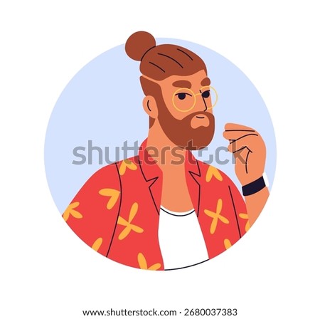 Man, face portrait in circle. Bearded male in glasses, young modern person with bellissimo hand sign gesture, round avatar. Hipster with hair bun. Flat vector illustration isolated on white background