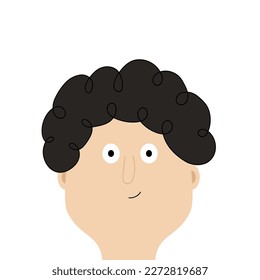 Man face portrait. Guy face head. Smiling happy emotion. Cute cartoon funny character. Black hair. Curl hairstyle. Successful businessman. Avatar for social network Flat design White background Vector