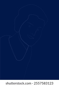 Man face portrait. Outline male head. Close-up vector blue line sketch. Vector illustration