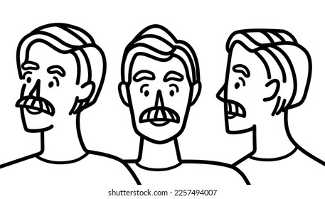 Man face portrait in three different angles. View turns of a male head. Front, profile, three-quarter. Handsome cartoon character. Vector illustration isolated on white background. Line art